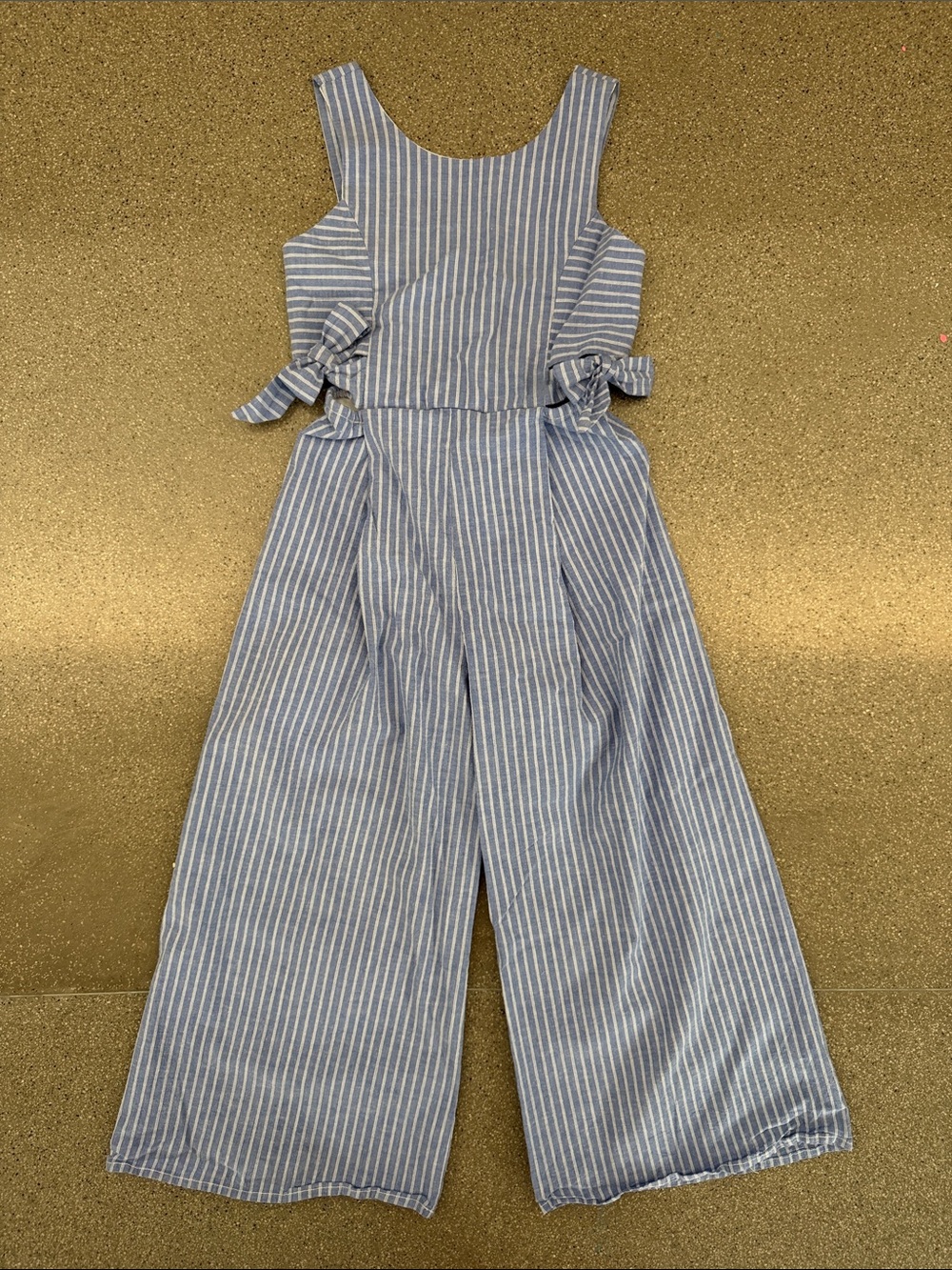 Blue and White Striped Girls' Sleeveless Jumpsuit with Side Bows